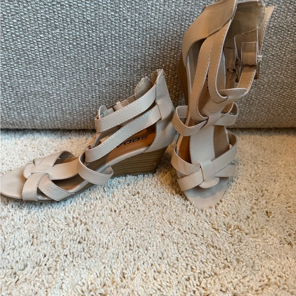 Soda Neutral Beige Strappy Wedge Sandals